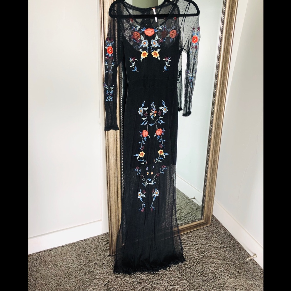 Free People Long black dress with colorful flowers